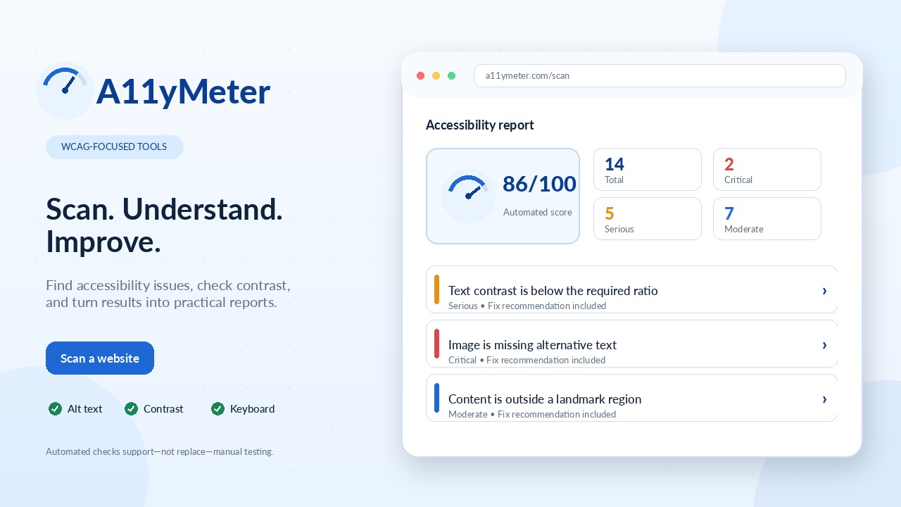 A11yMeter website accessibility scanning workflow.